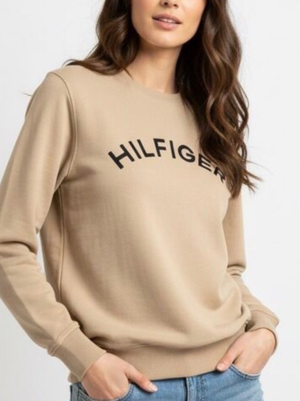 Tommy Hilfiger Women’s Beige Crewneck Sweatshirt with Blue Logo Size Medium